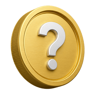 Pièce d'or décorative en 3D affichant un point d'interrogation sur la page FAQ
